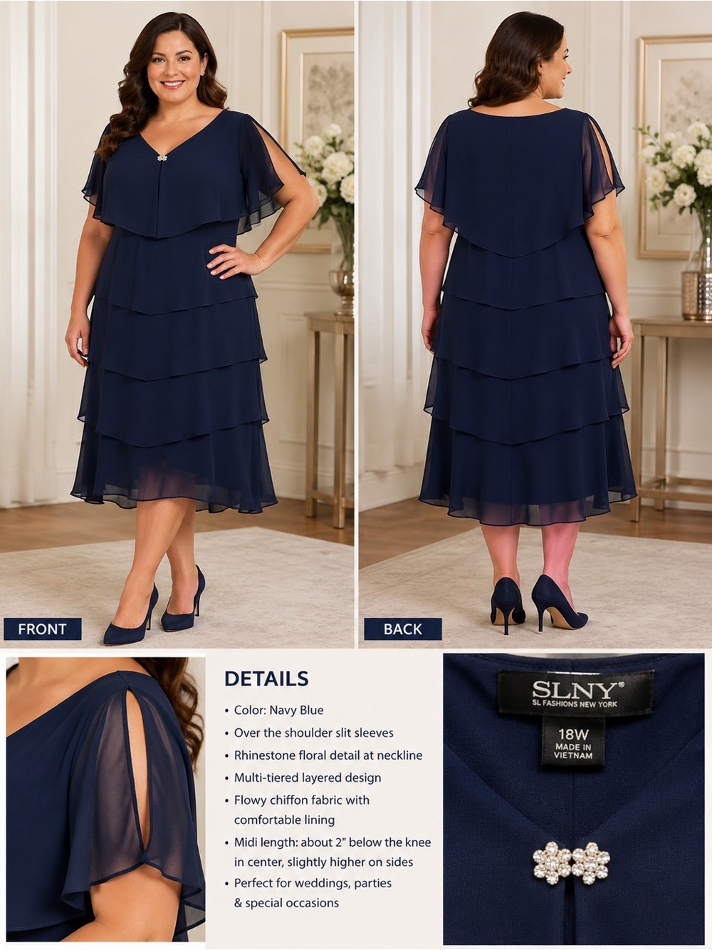 SLNY Navy Blue Dress with Rhinestone Floral Clasp